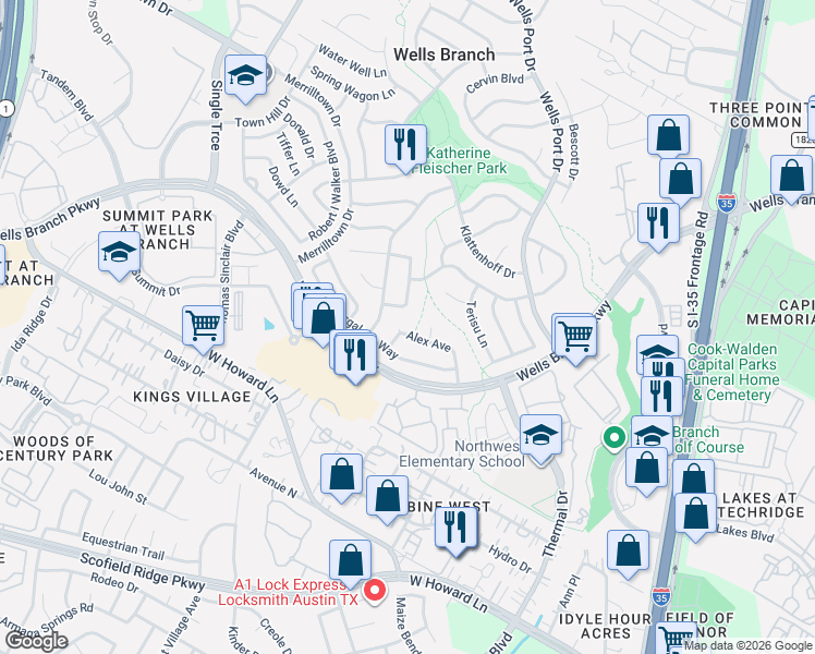 map of restaurants, bars, coffee shops, grocery stores, and more near 2016 Alex Avenue in Austin