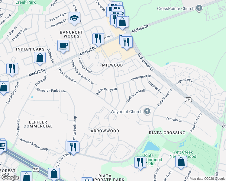 map of restaurants, bars, coffee shops, grocery stores, and more near 12719 Acadian Trail in Austin