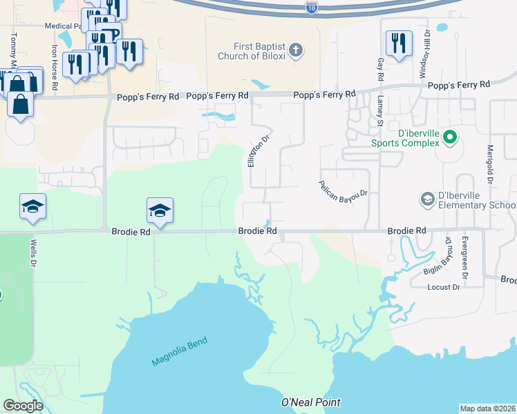 map of restaurants, bars, coffee shops, grocery stores, and more near 1577 Lucius Street in Biloxi