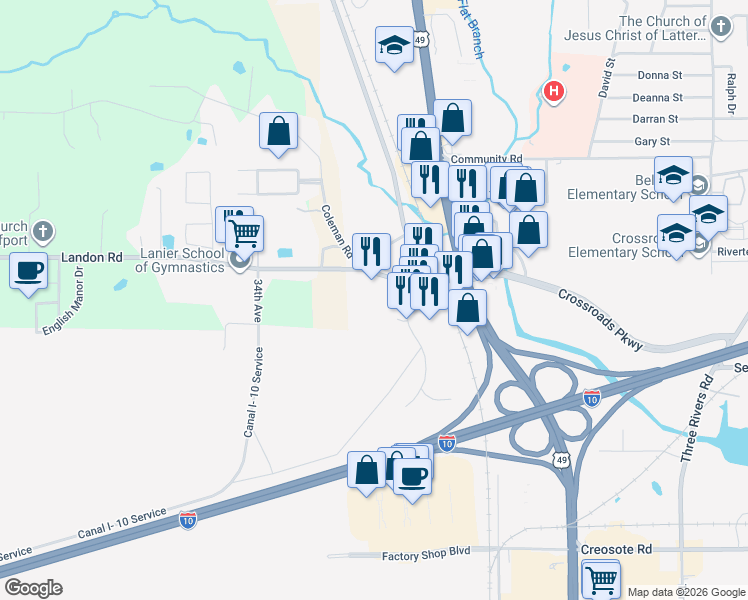 map of restaurants, bars, coffee shops, grocery stores, and more near 15533 Daniel Boulevard in Gulfport