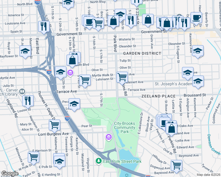 map of restaurants, bars, coffee shops, grocery stores, and more near 1812 Terrace Avenue in Baton Rouge