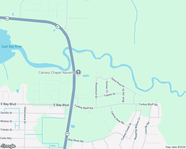 map of restaurants, bars, coffee shops, grocery stores, and more near 2791 Rosemont Drive in Navarre