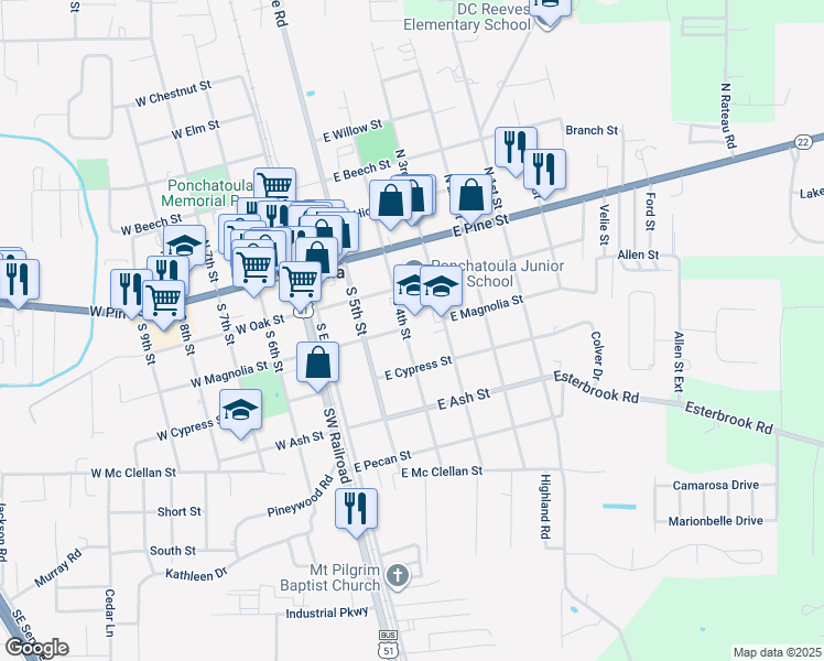 map of restaurants, bars, coffee shops, grocery stores, and more near 315 East Oak Street in Ponchatoula