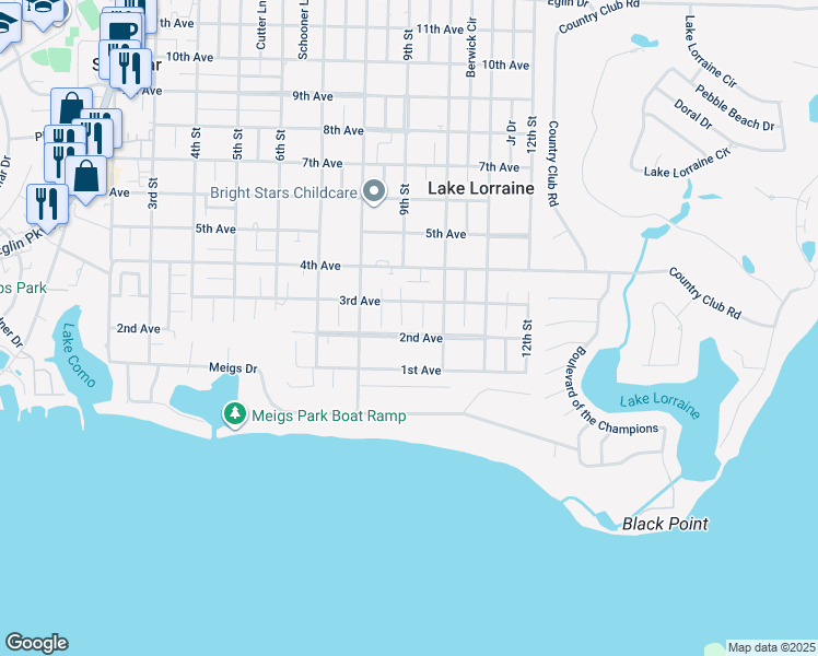 map of restaurants, bars, coffee shops, grocery stores, and more near 10 9th Street in Shalimar