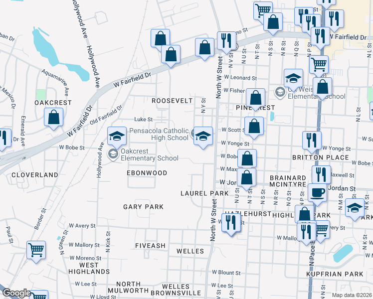 map of restaurants, bars, coffee shops, grocery stores, and more near 3043 West Scott Street in Pensacola
