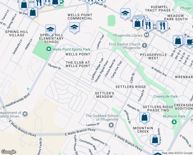 map of restaurants, bars, coffee shops, grocery stores, and more near 819 Caribou Ridge Trail in Pflugerville