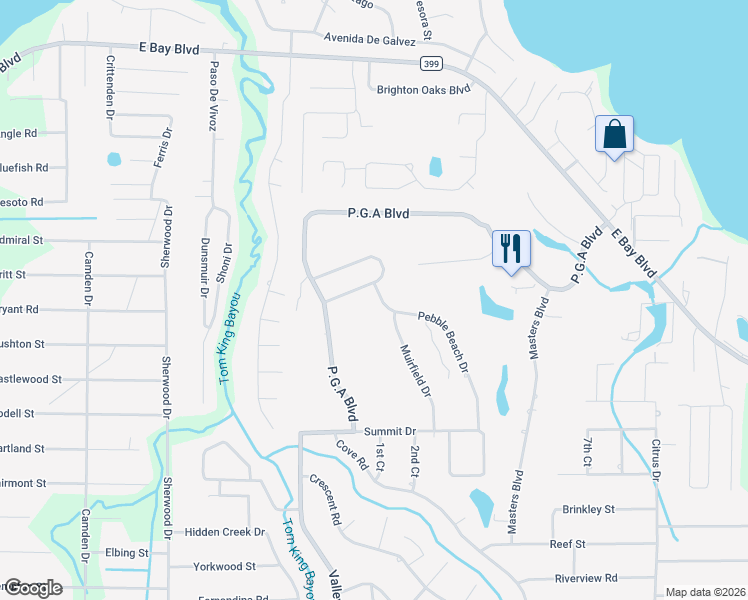 map of restaurants, bars, coffee shops, grocery stores, and more near 2845 Pebble Beach Drive in Navarre