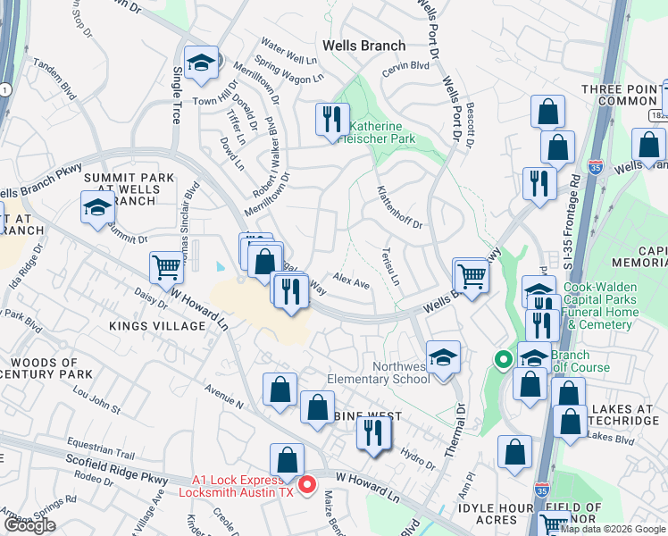 map of restaurants, bars, coffee shops, grocery stores, and more near 2016 Alex Avenue in Austin