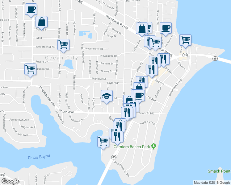 map of restaurants, bars, coffee shops, grocery stores, and more near 326 Woodham Court in Fort Walton Beach