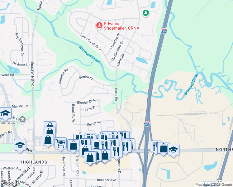 map of restaurants, bars, coffee shops, grocery stores, and more near 11127 Harts Road in Jacksonville