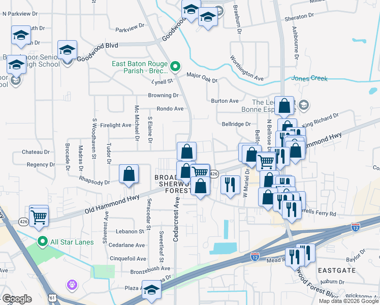 map of restaurants, bars, coffee shops, grocery stores, and more near 1623 Sharp Road in Baton Rouge