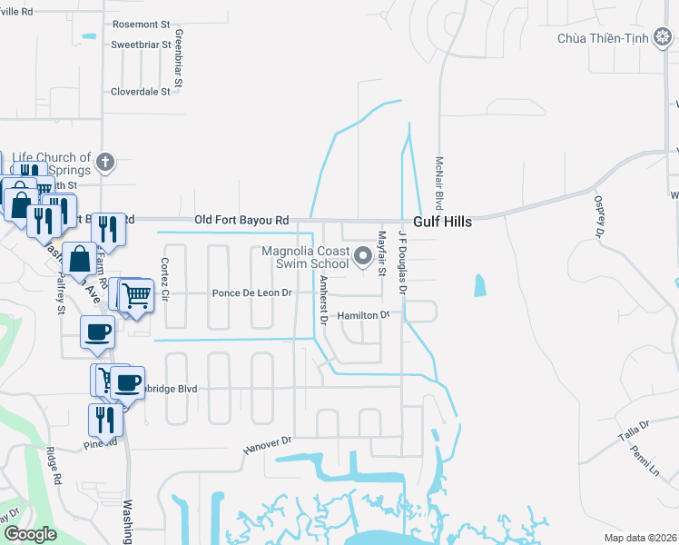 map of restaurants, bars, coffee shops, grocery stores, and more near 12513 Canterbury Drive West in Ocean Springs