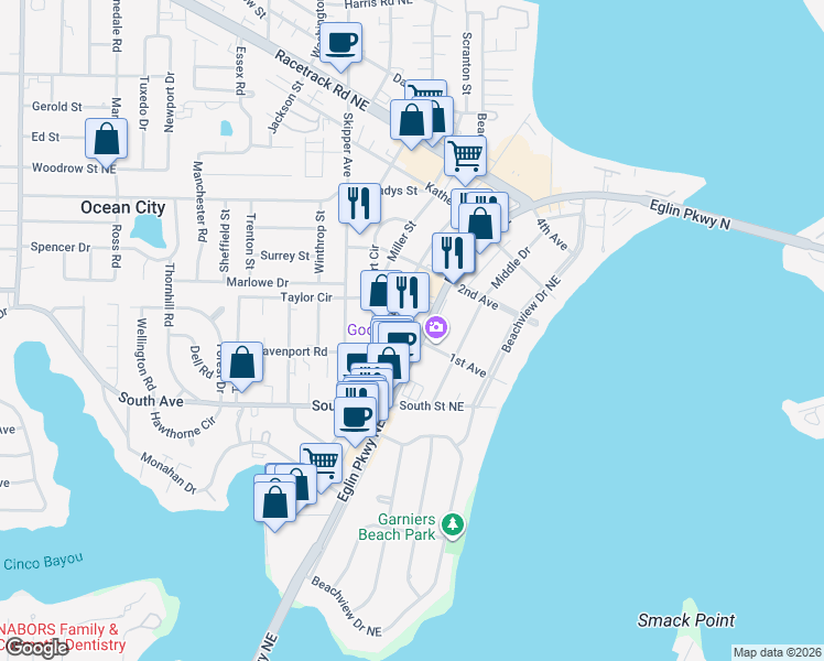 map of restaurants, bars, coffee shops, grocery stores, and more near 400 Eglin Parkway Northeast in Fort Walton Beach