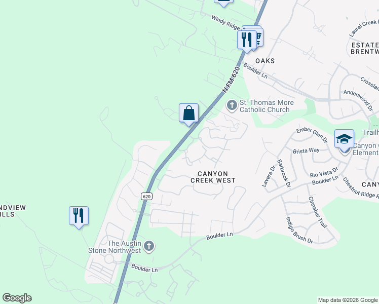 map of restaurants, bars, coffee shops, grocery stores, and more near 9715 North FM 620 in Austin