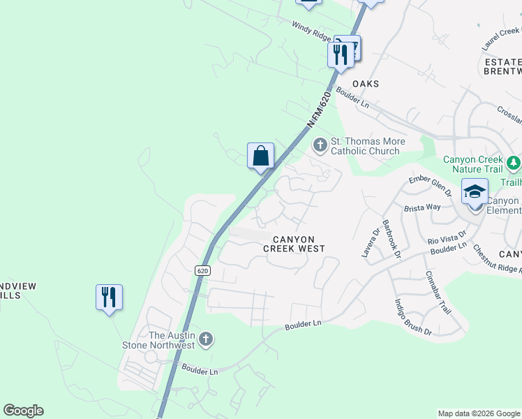 map of restaurants, bars, coffee shops, grocery stores, and more near 9715 North FM 620 in Austin