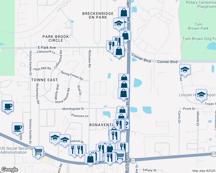 map of restaurants, bars, coffee shops, grocery stores, and more near 447 Richview Park Circle West in Tallahassee