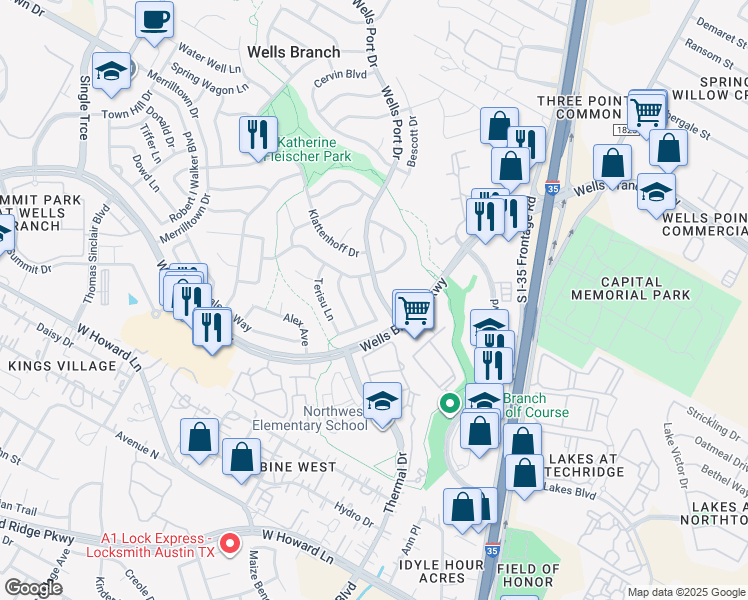 map of restaurants, bars, coffee shops, grocery stores, and more near 14303 Jennave Lane in Austin