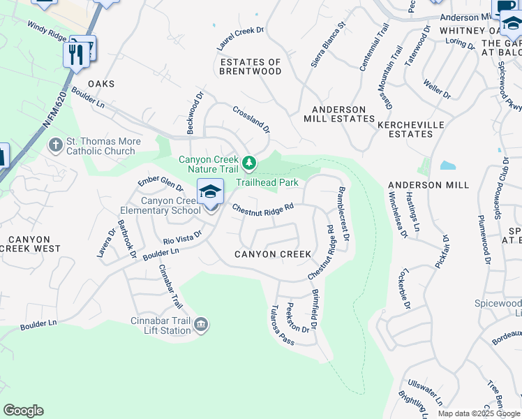 map of restaurants, bars, coffee shops, grocery stores, and more near 10401 Pariva Trail in Austin