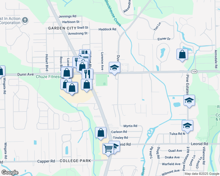 map of restaurants, bars, coffee shops, grocery stores, and more near 2814 Dunn Avenue in Jacksonville