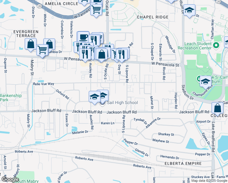 map of restaurants, bars, coffee shops, grocery stores, and more near 318 Cardinal Court in Tallahassee