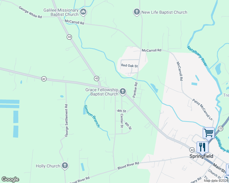 map of restaurants, bars, coffee shops, grocery stores, and more near 25276 West Street in Springfield