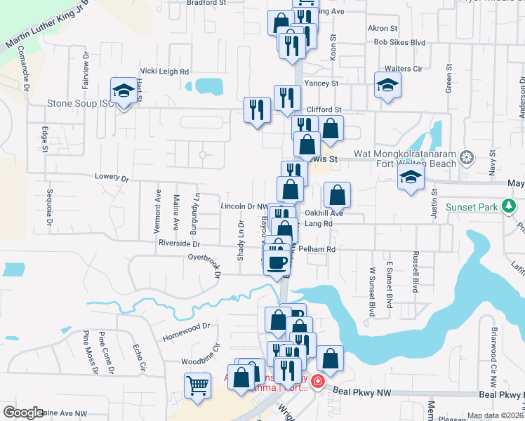 map of restaurants, bars, coffee shops, grocery stores, and more near 717 Shady Lane Drive in Fort Walton Beach