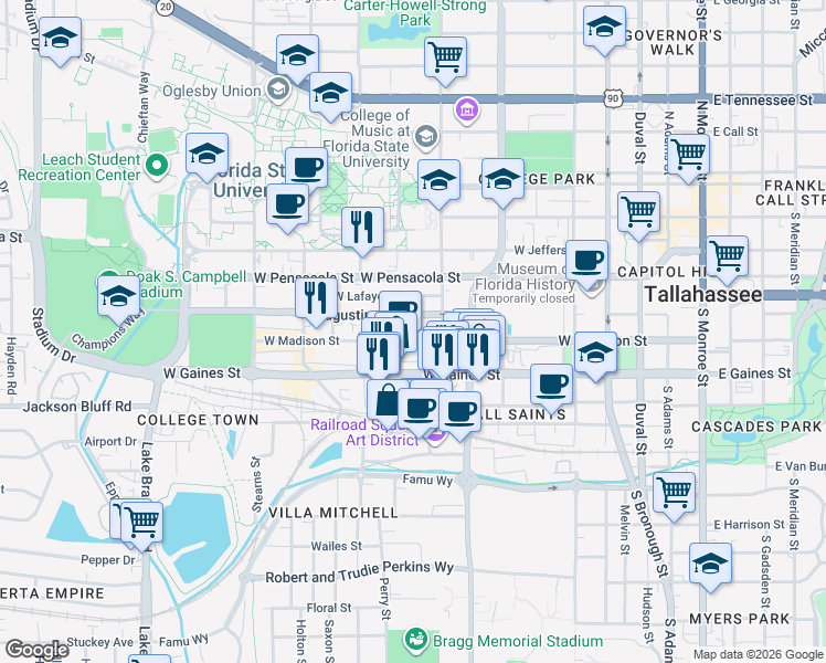 map of restaurants, bars, coffee shops, grocery stores, and more near in Tallahassee