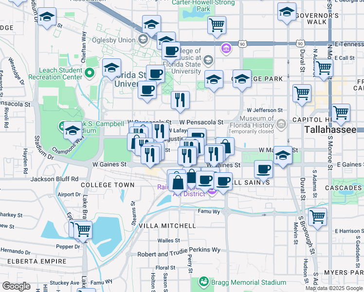map of restaurants, bars, coffee shops, grocery stores, and more near 724 West Madison Street in Tallahassee