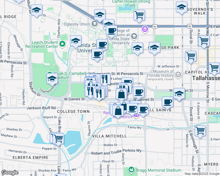 map of restaurants, bars, coffee shops, grocery stores, and more near 30 West Madison Street in Tallahassee