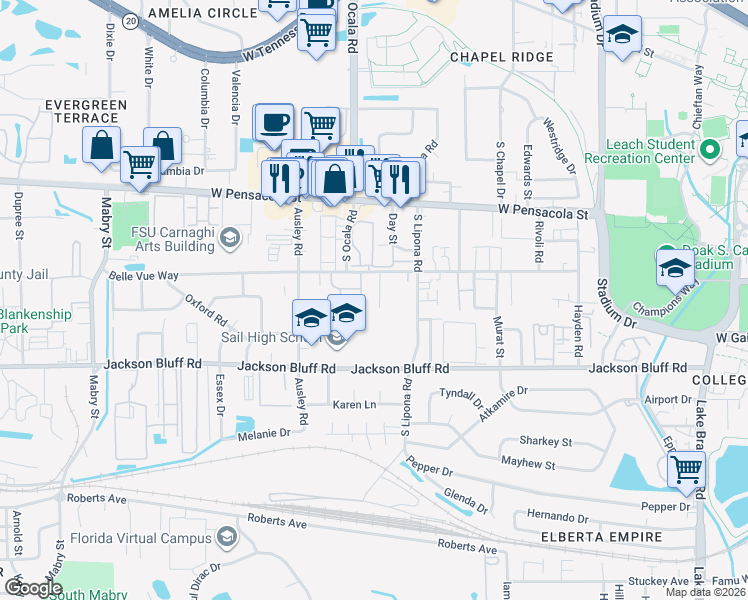 map of restaurants, bars, coffee shops, grocery stores, and more near 318 Cardinal Court in Tallahassee