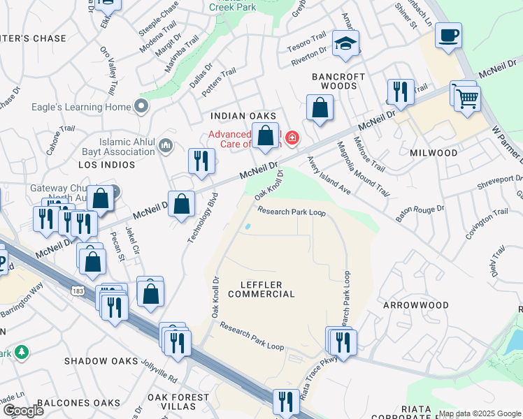 map of restaurants, bars, coffee shops, grocery stores, and more near Research Park Loop in Austin