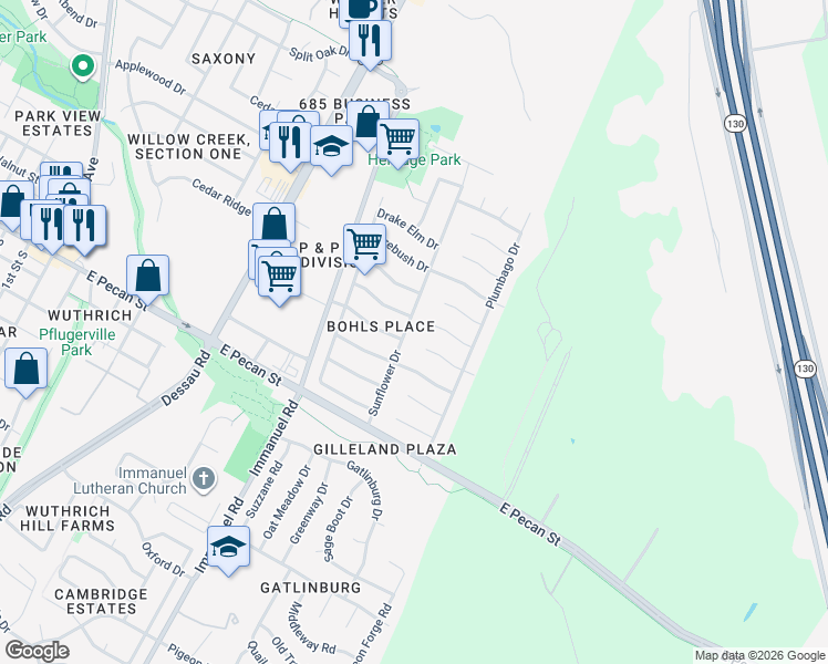 map of restaurants, bars, coffee shops, grocery stores, and more near 307 Sunflower Drive in Pflugerville