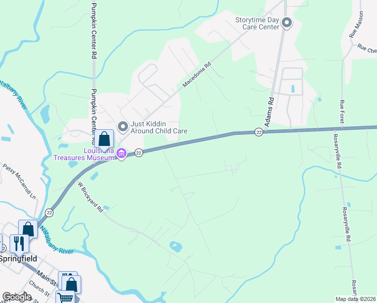 map of restaurants, bars, coffee shops, grocery stores, and more near 11070 Louisiana 22 in Ponchatoula