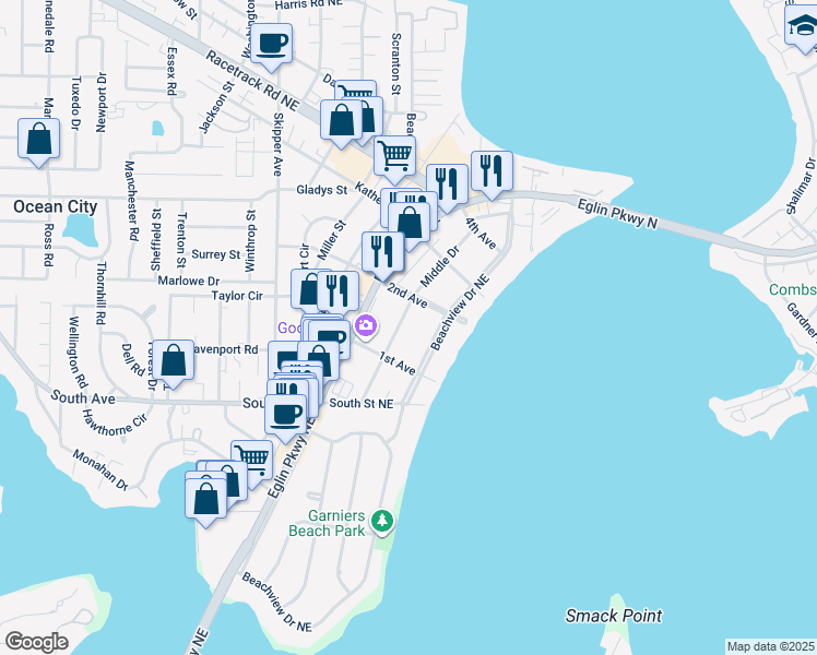 map of restaurants, bars, coffee shops, grocery stores, and more near 911 Middle Drive in Fort Walton Beach