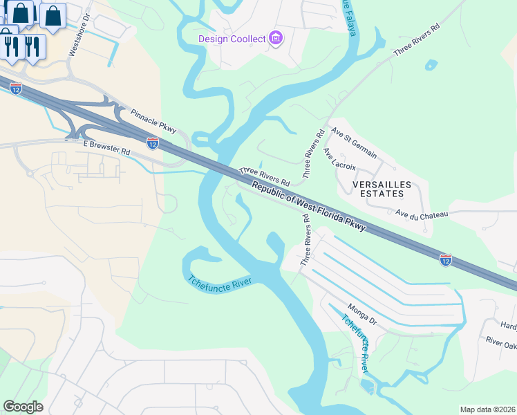 map of restaurants, bars, coffee shops, grocery stores, and more near 17239 Three Rivers Road in Covington