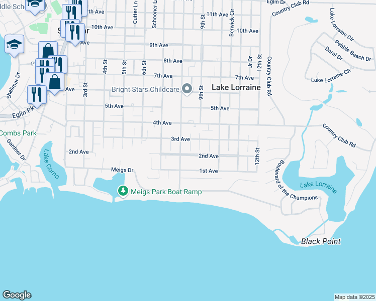 map of restaurants, bars, coffee shops, grocery stores, and more near 9 Oak Lane in Shalimar