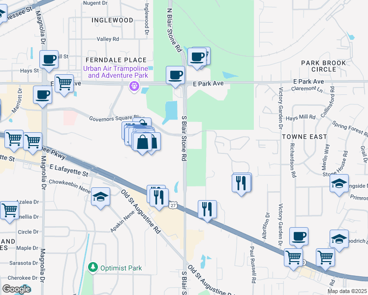 map of restaurants, bars, coffee shops, grocery stores, and more near South Blairstone Road in Tallahassee
