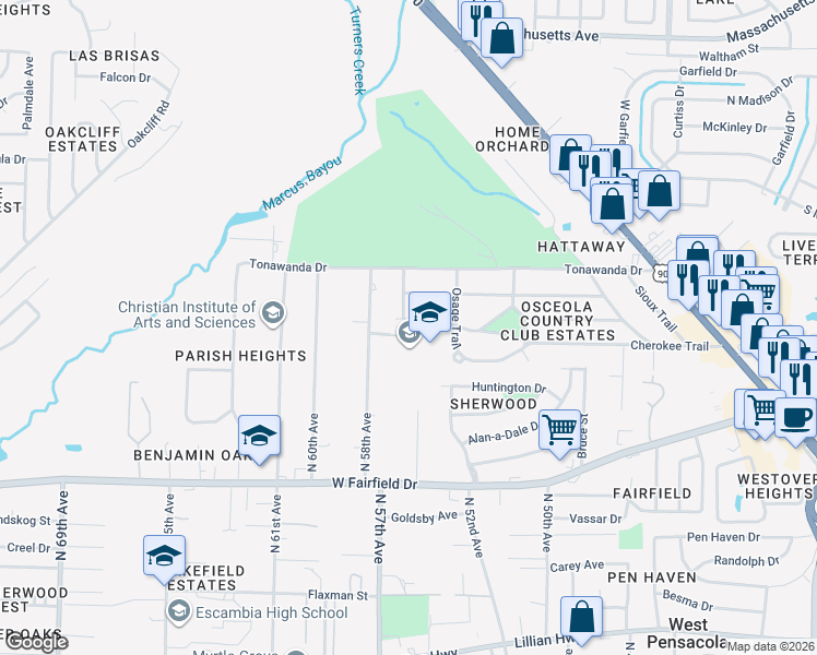 map of restaurants, bars, coffee shops, grocery stores, and more near 503 Cherokee Trail in Pensacola