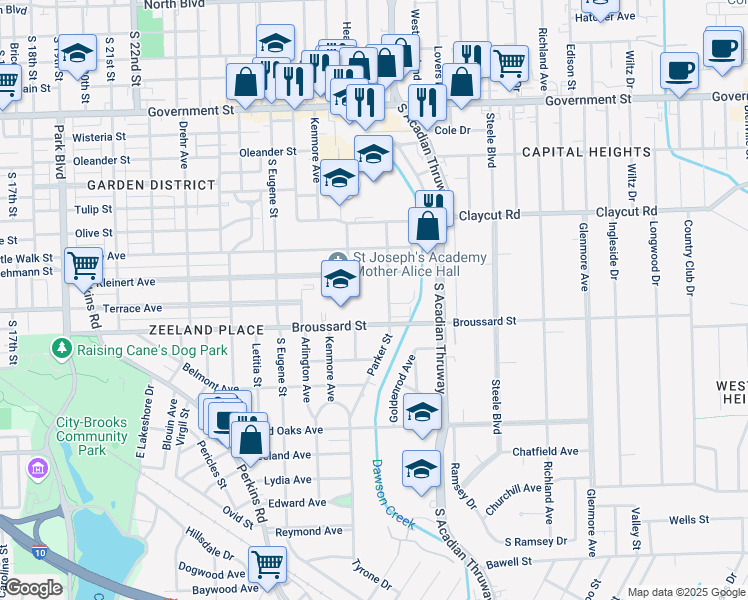 map of restaurants, bars, coffee shops, grocery stores, and more near 3225 Broussard Street in Baton Rouge