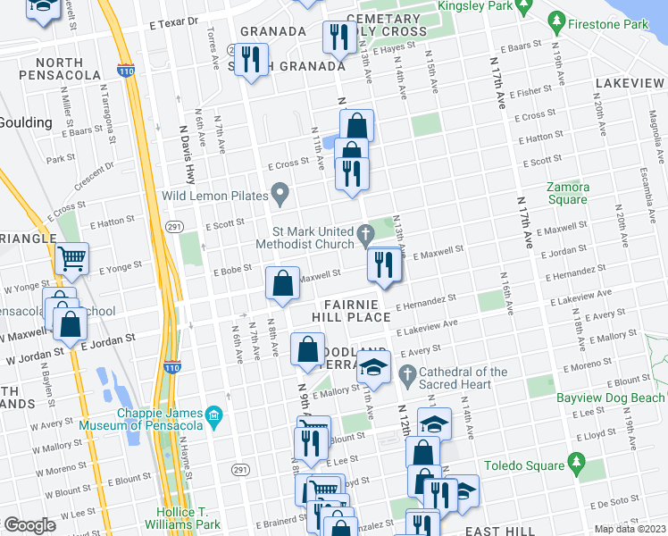 map of restaurants, bars, coffee shops, grocery stores, and more near 1030 East Maxwell Street in Pensacola