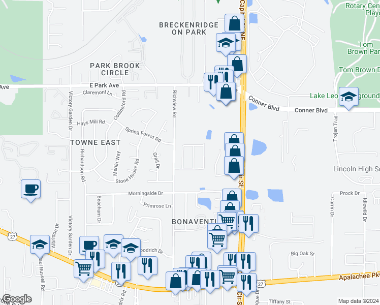 map of restaurants, bars, coffee shops, grocery stores, and more near 428 High Point Lane in Tallahassee
