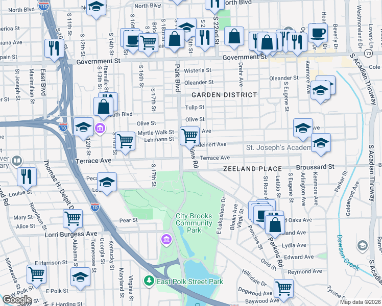 map of restaurants, bars, coffee shops, grocery stores, and more near 1920 Terrace Avenue in Baton Rouge