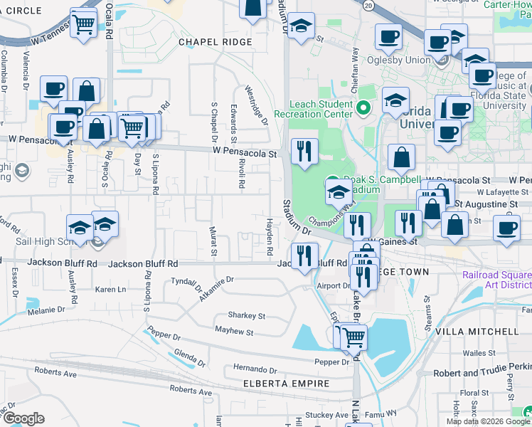 map of restaurants, bars, coffee shops, grocery stores, and more near 322 Hayden Road in Tallahassee