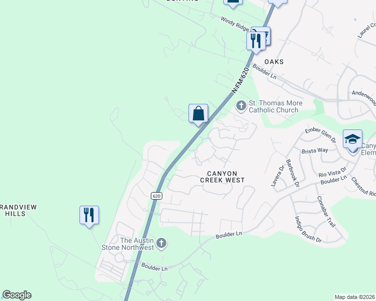 map of restaurants, bars, coffee shops, grocery stores, and more near 9715 Ranch Road 620 North in Austin