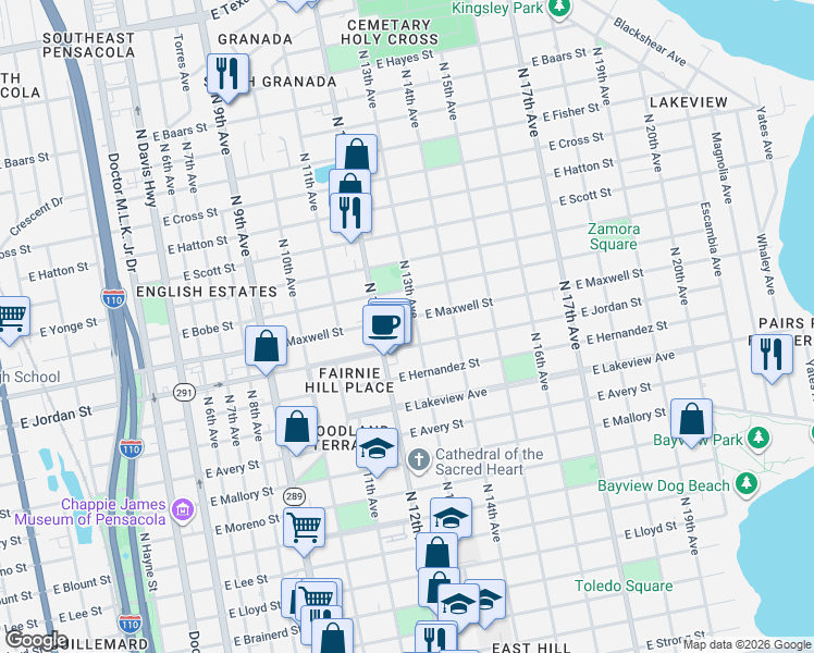 map of restaurants, bars, coffee shops, grocery stores, and more near 1240 East Jordan Street in Pensacola