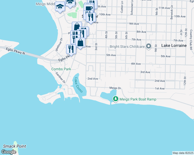 map of restaurants, bars, coffee shops, grocery stores, and more near 5 3rd Street in Shalimar
