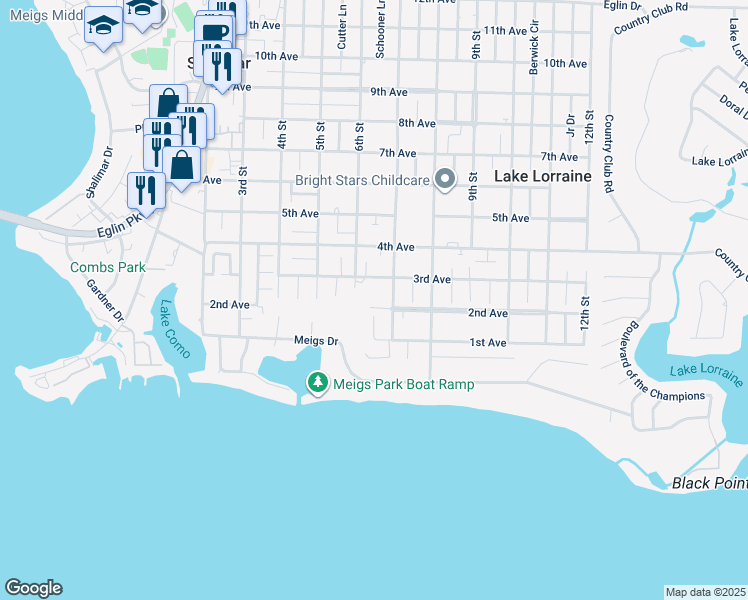 map of restaurants, bars, coffee shops, grocery stores, and more near 63 2nd Avenue in Shalimar