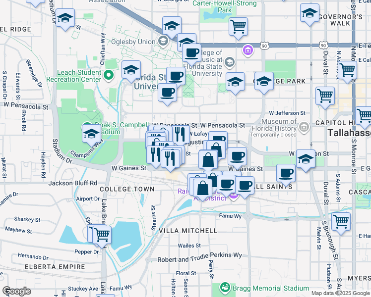 map of restaurants, bars, coffee shops, grocery stores, and more near 30 West Madison Street in Tallahassee