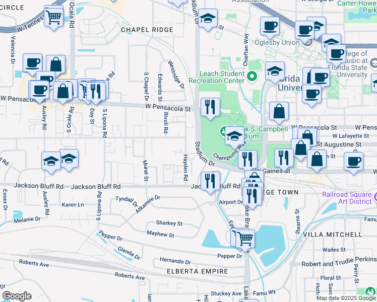 map of restaurants, bars, coffee shops, grocery stores, and more near 322 Hayden Road in Tallahassee
