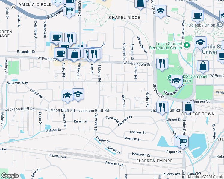 map of restaurants, bars, coffee shops, grocery stores, and more near 1809 Lenora Drive in Tallahassee